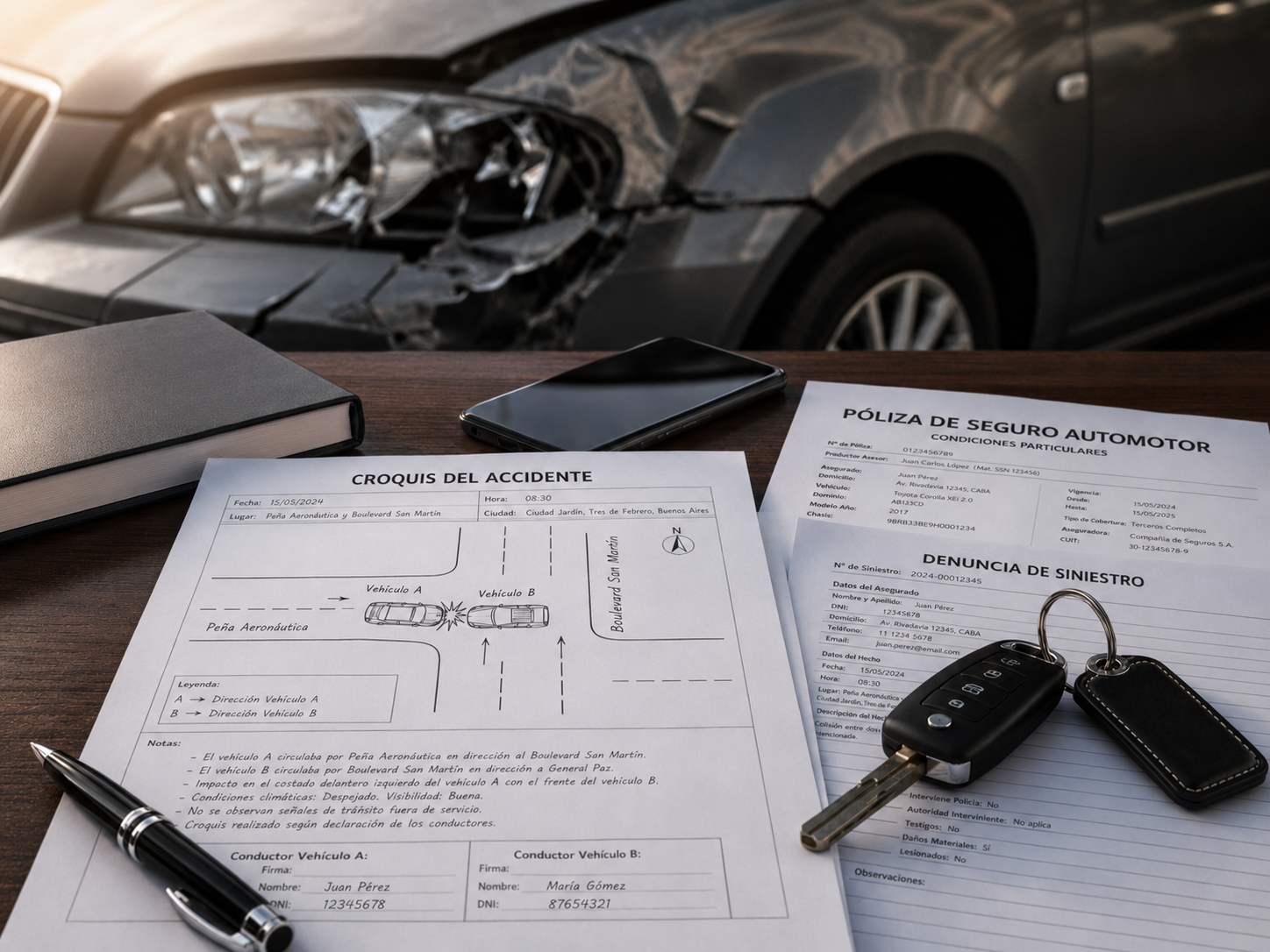 Documentación, denuncia de siniestro y reclamo legal por accidente de tránsito